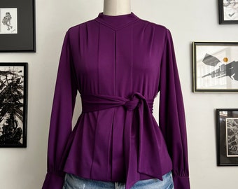 Vtg Purple Poly Boat Neck Tie Waist Blouse S/M