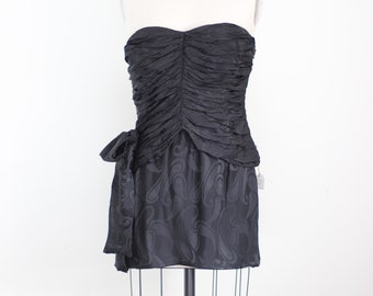 Vtg Black Silk Jacquard strapless Ruched Mini Dress S