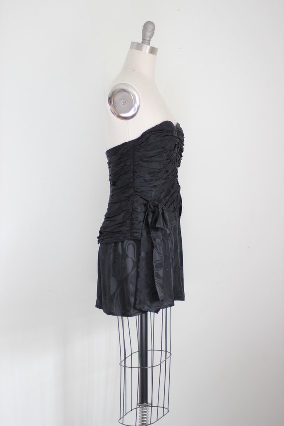 Vtg Black Silk Jacquard strapless Ruched Mini Dre… - image 3