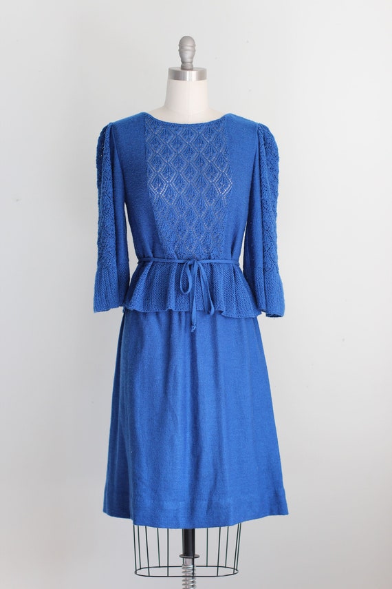 Vtg Beautiful Blue Crochet Knit Peplum Skirt Set S