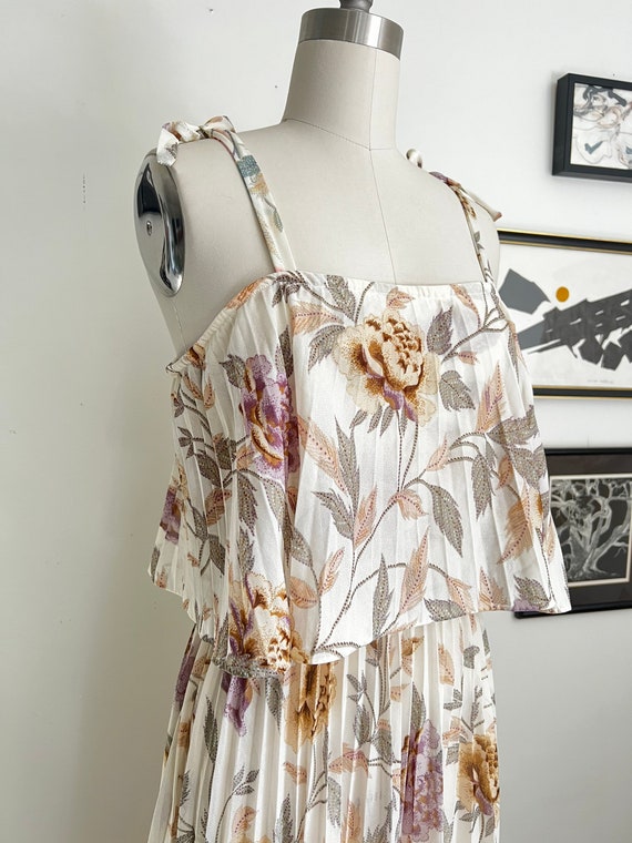Vintage Ivory Floral Pleated Summer Dress M - image 2