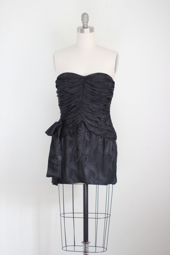 Vtg Black Silk Jacquard strapless Ruched Mini Dre… - image 4