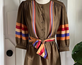Vtg Olive Silk Stripe Puff Sleeve Edna Eysen Mini Dress S/M