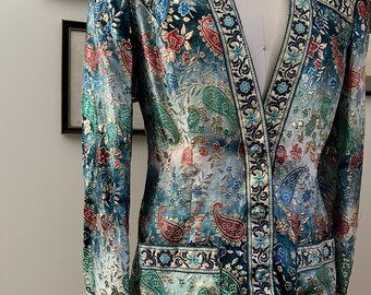 Vtg Teal Tapestry Lurex Cocktail Blazer Jacket S/M