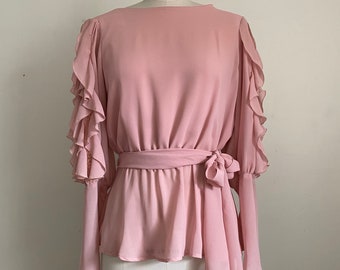 Vtg Muted Pink Ruffle Tie Waist Top Re-Worked S/M