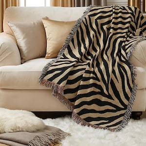 Zebra Woven Throw Blanket, Cotton Animal Print Couch Throw, Safari Chic Bedroom Decor,