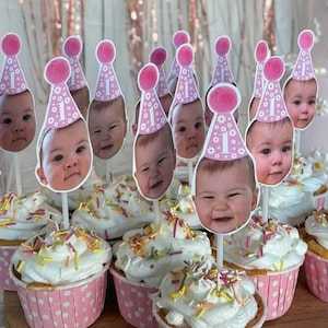 Topper per cupcake con margherite rosa, topper per cupcake con foto di bambini, compleanno con margherite rosa, decorazioni per feste di compleanno con margherite, topper per cupcake per il primo compleanno