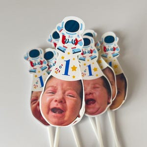 Astronaut Party Custom Photo Cupcake Toppers, Baby Face Party Hat Cupcake Toppers, Space Outerspace Party, First Trip Around the Sun Toppers