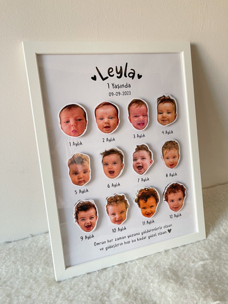 May include: White frame displays a baby's first year photo collage. Twelve monthly photos showcase the child's growth.  Text includes the baby's name, 'Leyla,' age, and date.  Each photo is labeled with the corresponding month. A sweet message in Turkish celebrates the child's first year.