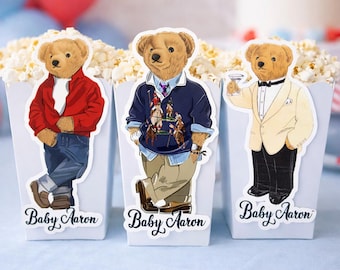 Nallebjörnspolo popcornlåda, popcornhinkar, gåvalåda, stor björndekor i vintagestil (fysisk) babyshowerfestdekoration