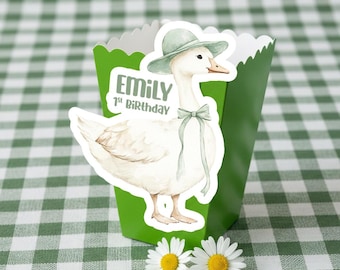 Silly Goose 1-årsdagstillbehör | Grön popcornlåda | Lucy Duck festgodislåda