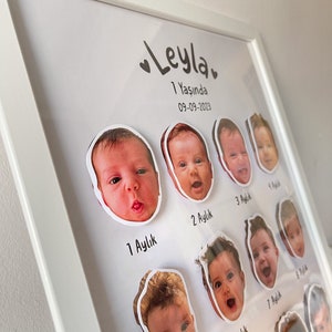 May include: White frame displays a baby's first year photo collage.  Each monthly photo is a circular cutout, with text indicating the month (e.g., '1 Aylık', '2 Aylık').  The name 'Leyla' and birthdate '09-09-2023' are also included. The overall style is minimalist and modern.