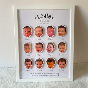 May include: White frame displays a baby's first year photos. Twelve monthly photos arranged in a grid, each labeled with the month and age in Turkish.  The name 'Leyla' and birthdate are at the top. A sweet message in Turkish is at the bottom.  The overall theme is a baby's first year milestone photo album.