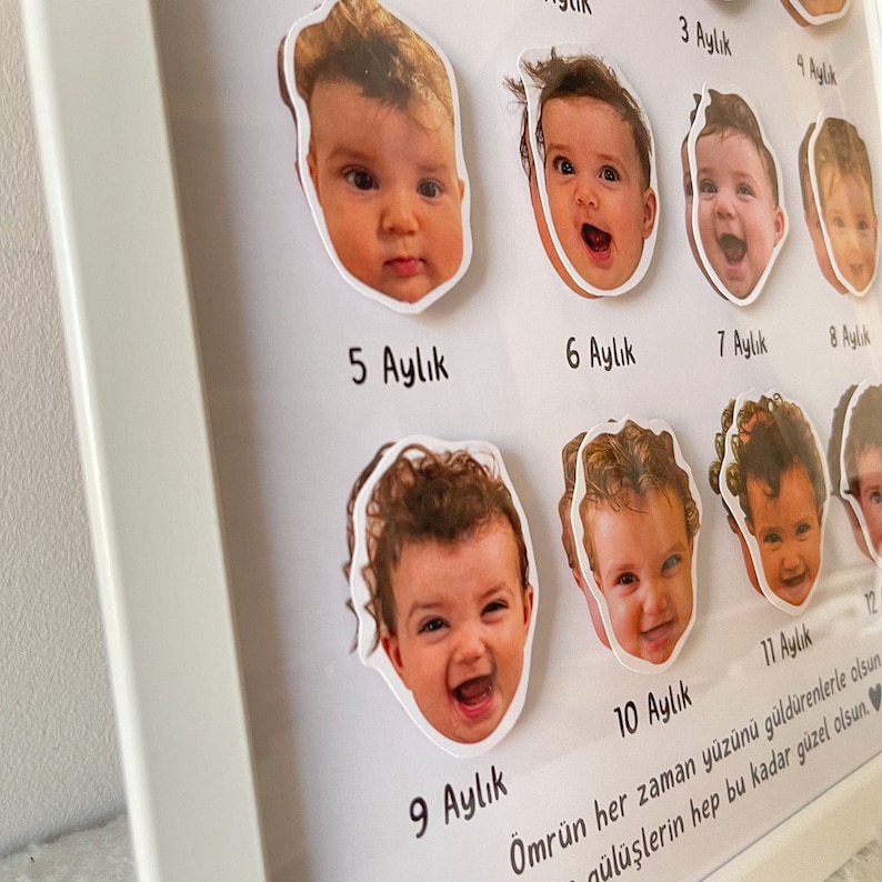 May include: White frame displays a baby's monthly growth with photos. Each month is labeled in Turkish: 3 Aylık, 5 Aylık, 6 Aylık, 7 Aylık, 8 Aylık, 9 Aylık, 10 Aylık, 11 Aylık, and 12 Aylık.  The frame includes heartwarming Turkish text: 'Ömrün her zaman yüzünü güldürenlerle olsun, gülüşlerin hep bu kadar güzel olsun.' which translates to 'May your life always be filled with those who make you smile, and may your smiles always be this beautiful.'