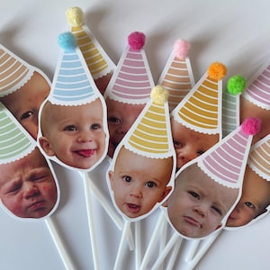 Benutzerdefinierte Baby Foto Cupcake Toppers, Baby Gesicht Partyhut Cupcake Toppers, personalisierte Geburtstag Cupcake Toppers, 1st Geburtstag KOSTENLOSER VERSAND