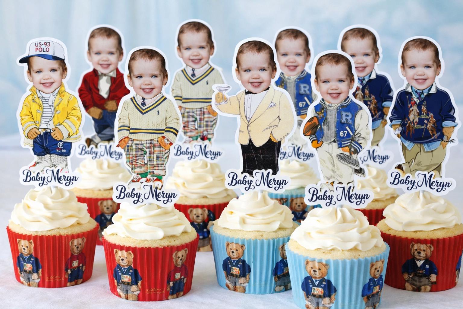 Custom Face Polo Teddy Bear Baby Shower Cupcake Toppers, Personalized ...