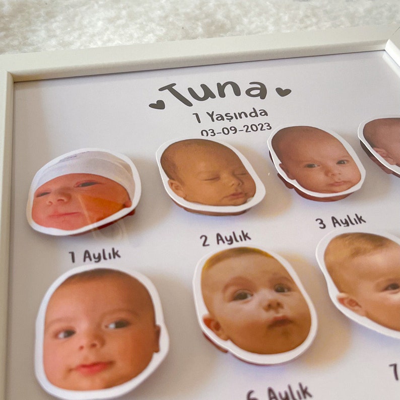 May include: White frame displays baby's monthly growth.  Each month features a circular cutout with a baby's face. Text includes 'Tuna', '1 Yaşında', and '03-09-2023'.  Monthly labels are in Turkish: '1 Aylık', '2 Aylık', '3 Aylık', etc.  The overall design is clean and modern, ideal for baby's first year photo album.