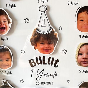 May include: A monthly baby photo milestone chart featuring a baby's photos from 1 to 10 months old. Each month's photo is displayed with the month's number and the word 'Aylık' (meaning 'month' in Turkish). The central photo shows the baby at 1 year old, wearing a party hat with the number '1' on it. The baby's name, 'Bulut,' and the date '20-09-2023' are written below the photos. The chart is decorated with small stars.  The overall theme is a first birthday celebration.