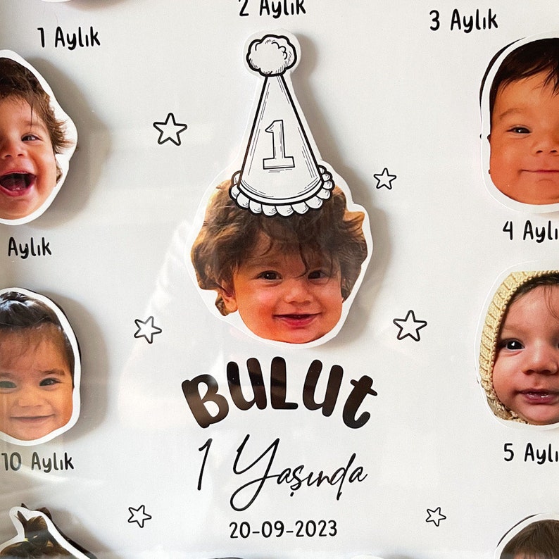 May include: A monthly baby photo milestone chart featuring a baby's photos from 1 to 10 months old. Each month's photo is displayed with the month's number and the word 'Aylık' (meaning 'month' in Turkish). The central photo shows the baby at 1 year old, wearing a party hat with the number '1' on it. The baby's name, 'Bulut,' and the date '20-09-2023' are written below the photos. The chart is decorated with small stars.  The overall theme is a first birthday celebration.