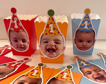 1st Birthday Party Popcorn Box, Custom Baby Photo Birthday Favor Box, Birthday Party Souvenirs, Birthday Party Decorations FREE SHIPPING