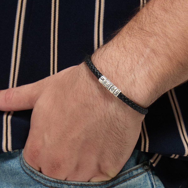 Pulsera de cuero personalizada para hombre, tamaño personalizado, nombre grabado, joyería de cuentas de plata, regalo de Navidad para el Día del Padre para hijo, papá, esposo, novio.