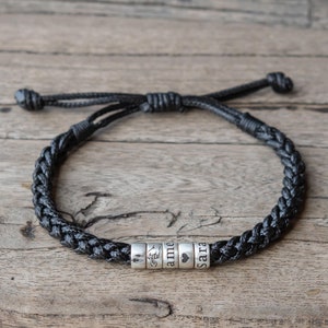Personalized Leather Bracelet: Sterling Silver Name Beads, Adjustable Braided Band