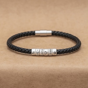Personalized Mens Leather Bracelet, Custom Kids Name Bead Bracelet, Couple Bracelet, Christmas Father&#39;s Day Gifts for Dad Boyfriend Husband