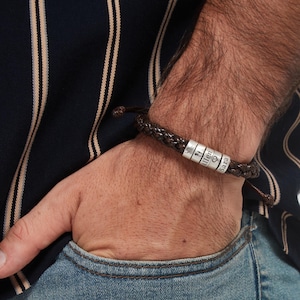 Personalized Leather Bracelet for Men: Custom Name Sterling Silver Beads
