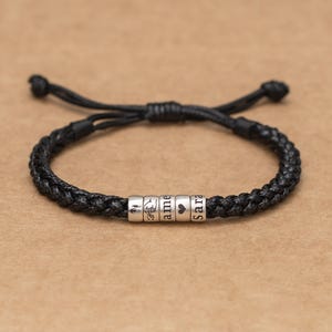 Personalized Men&#39;s  Woven Leather Bracelet Adjustable - Custom Name Silver Beads - Husband Couple Jewelry Gift