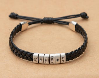 Personalized Men Birthday Leather Bracelet, Custom kid Name Silver Beads , Couple Adjustable Jewelry, Anniversary Gift for Him Dad Boyfriend