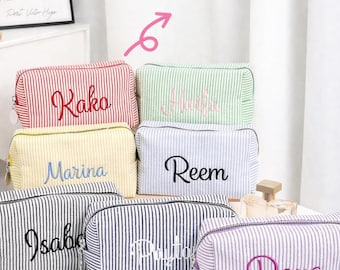 Personalized Seersucker Cosmetic Bag, Custom Name Travel Pouch