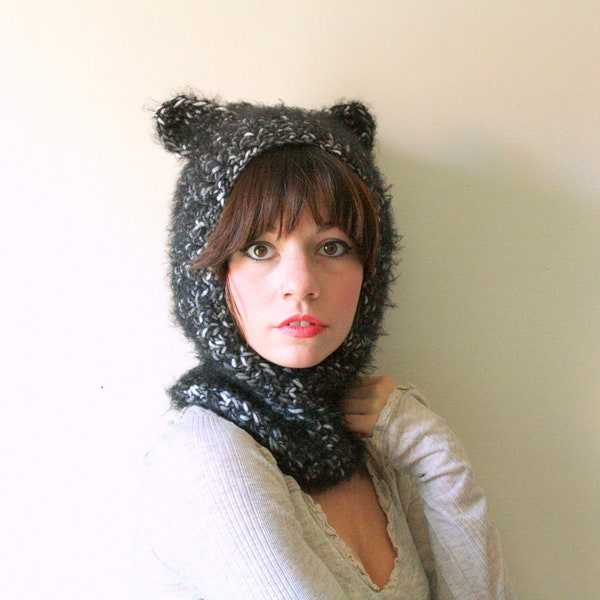 black wolf hood. hooded cowl with animal ears in fuzzy mohair. one size.