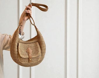 Woven Straw Beach Bag – Large Capacity Summer Crossbody Tote, Vacation Shoulder Purse for Women