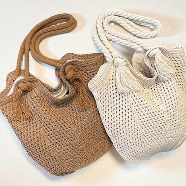 Bolso de hombro portátil de crochet estilo bohemio: bolso de mano hueco de punto suave en color liso para mujer