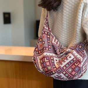 Boho Embroidered Canvas Shoulder Bag: Ethnic Pattern Tote Crossbody