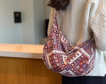 Boho Embroidered Canvas Shoulder Bag: Ethnic Pattern Tote Crossbody