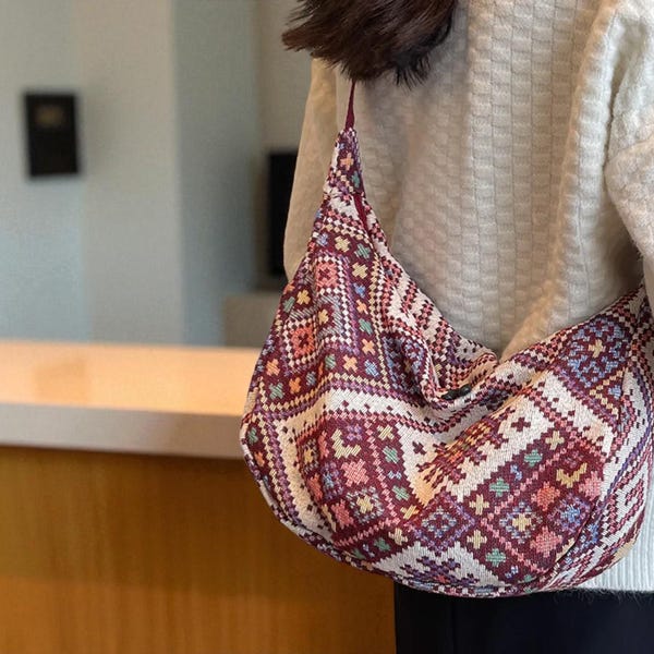 Boho Embroidered Canvas Shoulder Bag: Ethnic Pattern Tote Crossbody