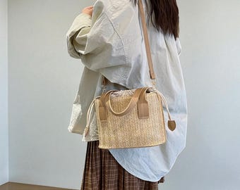 Straw Bucket Crossbody Bag for Women – Summer Casual Shoulder Handbag, Travel & Beach Woven Purse