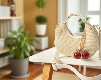 Woven Straw Shoulder Bag – Cream Handmade Handbag with Gold Hardware & Charm – Minimalist Summer Purse