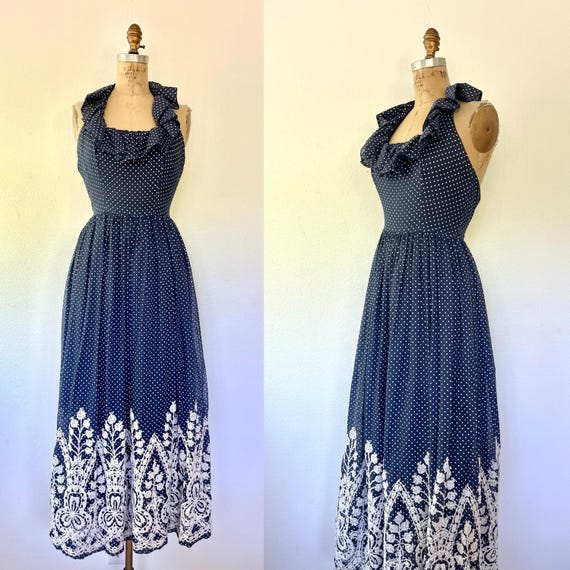vintage polka dot dress / vintage 60s dress / embroidered navy maxi dress