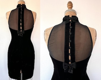 90s vintage velvet dress / vintage cocktail dress / Illusion Bow dress