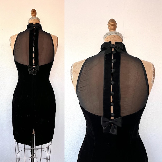 90s vintage velvet dress / vintage cocktail dress / Illusion Bow dress