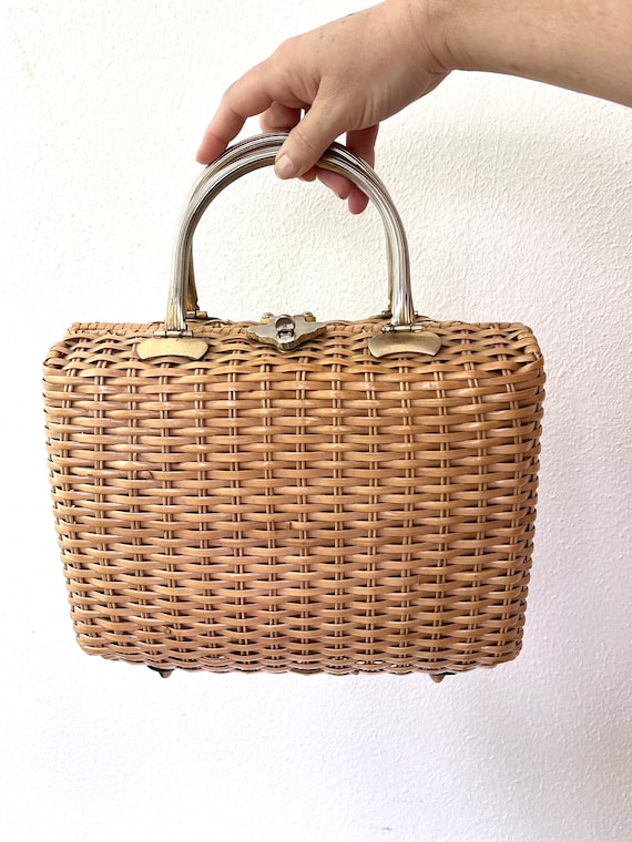 1960s woven bag / vintage basket purse / leather &