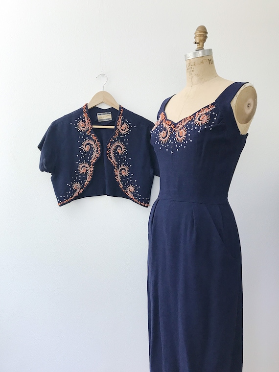 Moygashel dress / 1950s dress / beaded navy linen dre - Gem