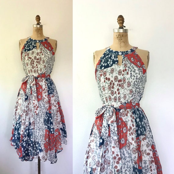 floral pleated dress / Summer Halter dress / Modern Block-print dress