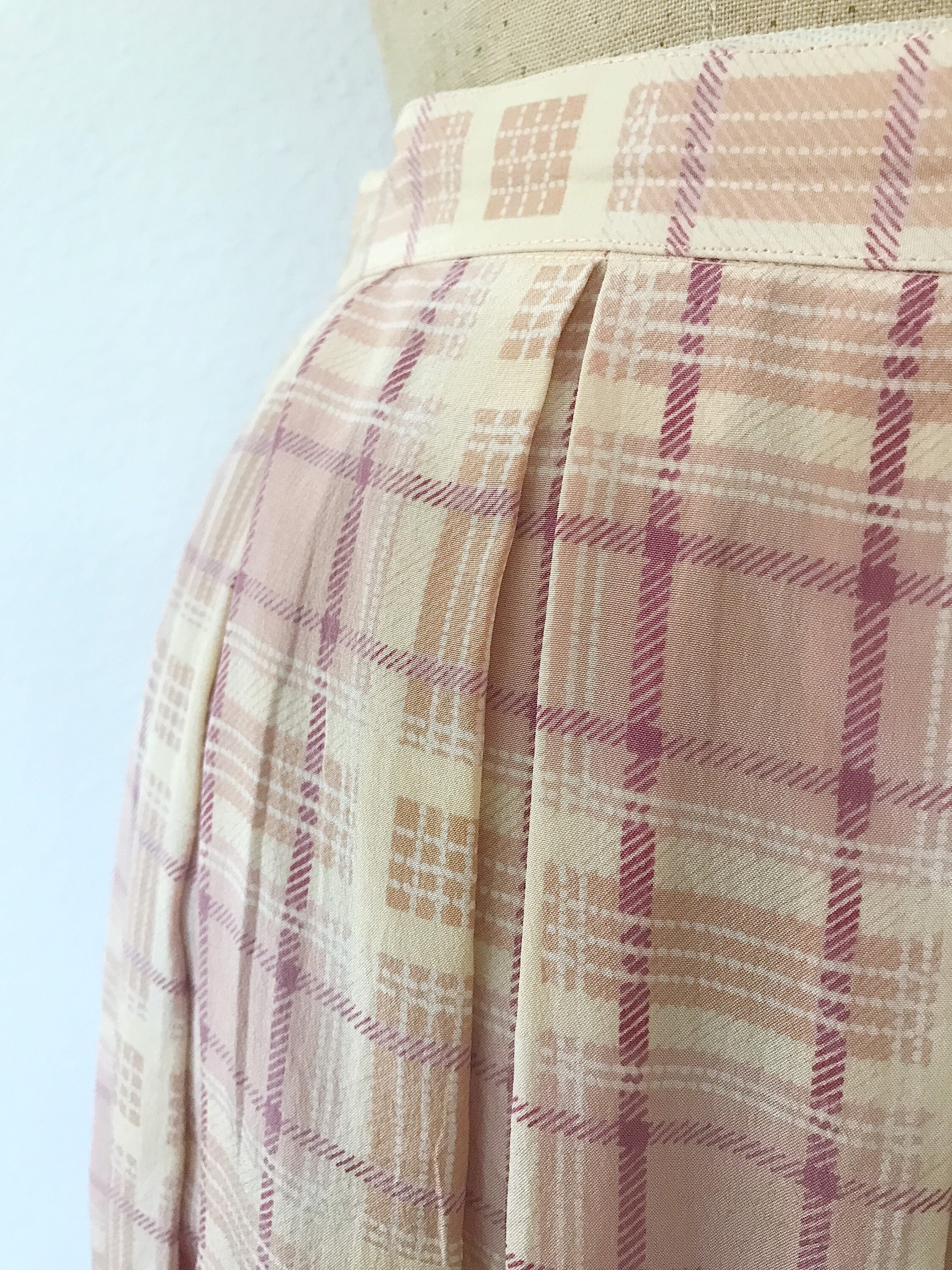 vintage silk skirt / silk pleated skirt / peach plaid skirt