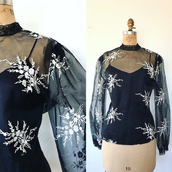 vintage embroidered blouse / vintage floral blouse / sheer Leandra blouse