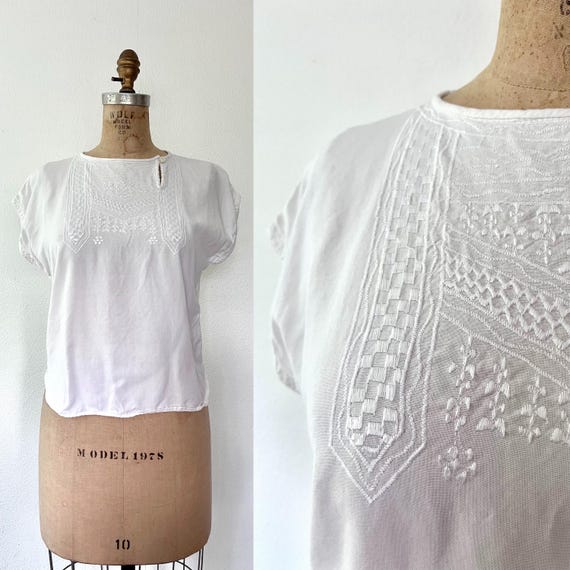 vintage rayon blouse / 80s white blouse / vintage embroidered blouse