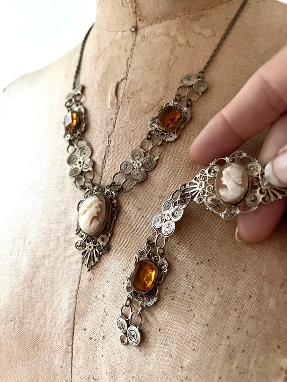 vintage cameo jewelry / Art Nouveau necklace & Bracelet / Cameo Etruscan filigree set
