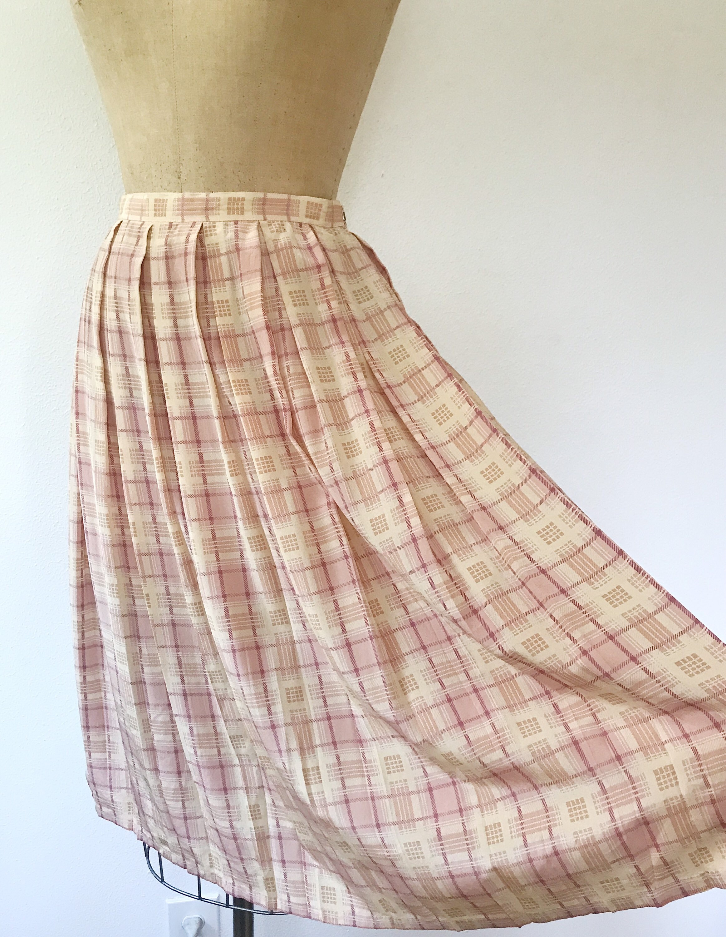 vintage silk skirt / silk pleated skirt / peach plaid skirt